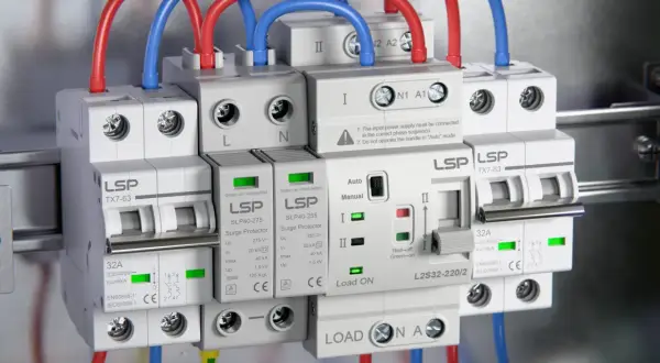 Instalacja elektryczna z zabezpieczeniami przeciwprzepięciowymi i wyłącznikami, gdzie widać różnicę między przekaźnikiem a stycznikiem.