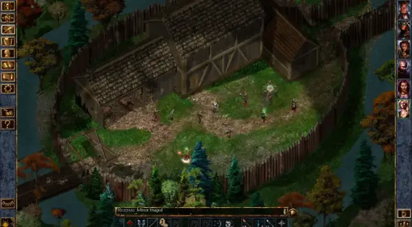 Widok z gry komputerowej z postaciami i budynkami w stylu fantasy.
