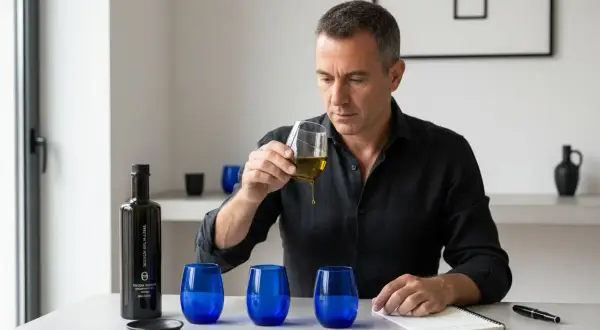 Uomo degusta un prezioso olio verde, valutandone la qualità. Sul tavolo, una bottiglia scura e bicchieri blu cobalto.