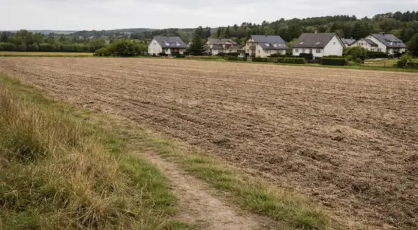 Pola uprawne obok zabudowy jednorodzinnej. Budowa na działce rolnej w tle, z domami i lasem.