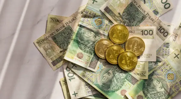 Złote monety Bitcoin leżą na stosie polskich banknotów 100 zł. Gdzie rozmienić pieniądze?
