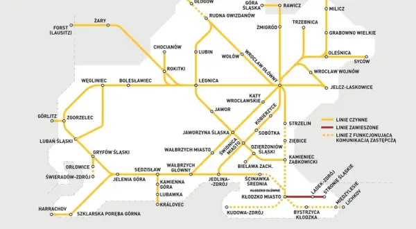 Mapa kolejowa Dolnego Śląska. Nowy rozkład PKP Głogów uwzględnia linie czynne i zawieszone.