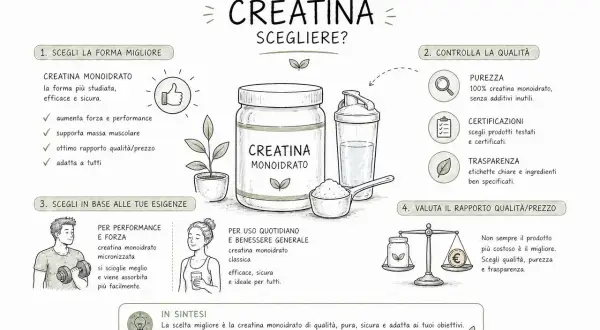Guida su quale creatina scegliere: la creatina monoidrato è la forma più studiata, pura e sicura.