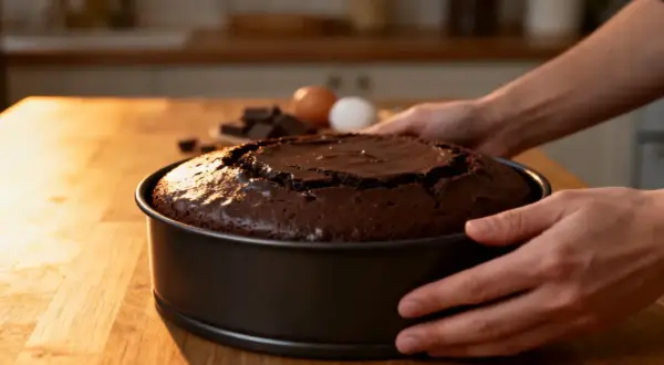Un délicieux gâteau au chocolat facile, tout juste sorti du four, avec des ingrédients comme des œufs et du chocolat en arrière-plan.