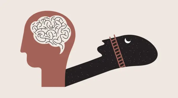 En stiliserad profil av ett huvud med en hjärna inuti. En skugga av huvudet sträcker sig ut, fylld av stjärnor och en måne, med en stege som leder uppåt. Symboliserar att minska stress genom att nå nya höjder.