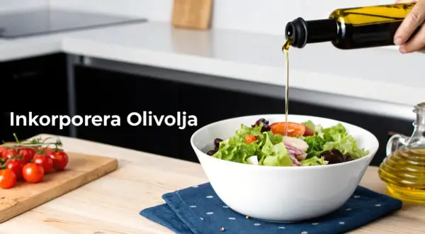 En hand häller olivolja över en fräsch sallad. Tänk på olivolja kalorier för en balanserad kost.