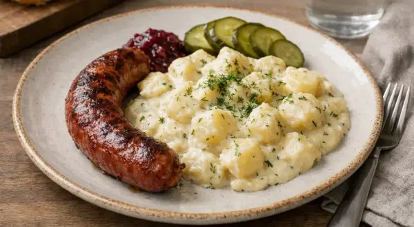 En tallrik med stuvad potatis, isterband, lingonsylt och gurka. En klassisk svensk rätt som ser utsökt ut.
