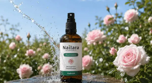 Erfrischendes Rosenwasser von Nailara, umgeben von zarten Rosen. Die beruhigende rosenhydrolat wirkung für Ihre Haut.
