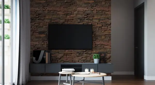 Un salon moderne avec un mur en pierre texturé derrière une TV. Des tables basses en bois et des plantes apportent une touche chaleureuse.