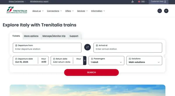 Strona Trenitalia.pl ułatwia podróżowanie po Włoszech. Dowiedz się, jak kupić bilet na pociąg we Włoszech, wypełniając formularz: stacja wyjazdu, przyjazdu, daty i pasażerowie.