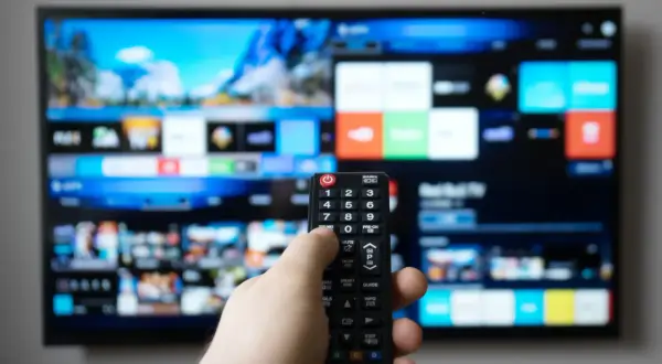 Dłoń trzymająca pilot do telewizora na tle ekranu z menu.