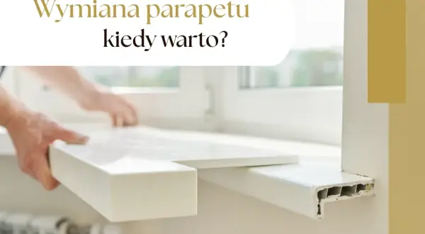 Ręce montują nowy, biały parapet wewnętrzny. Stary, zniszczony parapet jest widoczny obok.