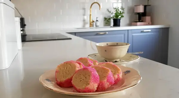 Söta brysselkex med rosa strössel på en tallrik, redo att avnjutas med en kopp kaffe. Ett enkelt brysselkex recept för hembakning.