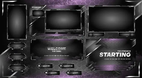 Stream-Overlay-Set mit Hexagon-Muster und lila Akzenten. Enthält "Starting", "Welcome", "Intermission" und Benachrichtigungsfelder. Perfekt für deinen twitch overlay free Stream.