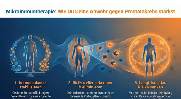 Illustration zeigt, wie Mikroimmuntherapie die Abwehr stärkt, um Prostatakrebs mit 70 Jahren vorzubeugen.