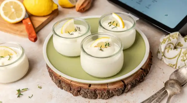 Delicioso mousse de limón Thermomix en vasitos, decorado con rodajas de limón y tomillo. ¡Perfecto para un postre refrescante!