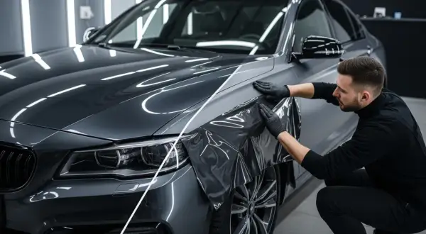 Un professionista applica una pellicola per cambiare colore auto, trasformando il grigio metallizzato in un'elegante finitura opaca.