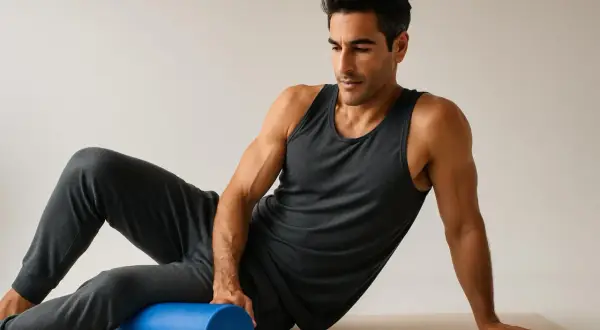 Uomo con rullo blu per massaggio muscolare, affronta il dolore dopo stretching.