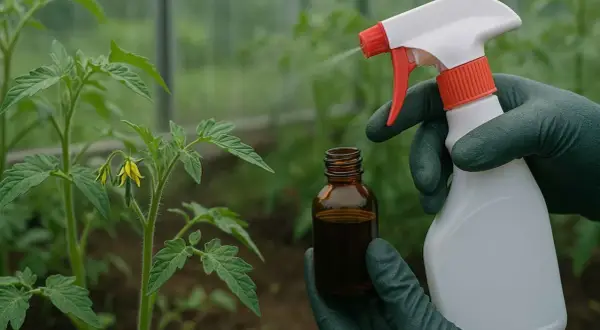 Rękawiczki chronią dłonie podczas przygotowywania oprysku z jodyny na pomidory. Atomizer rozpyla płyn na młodą roślinę.