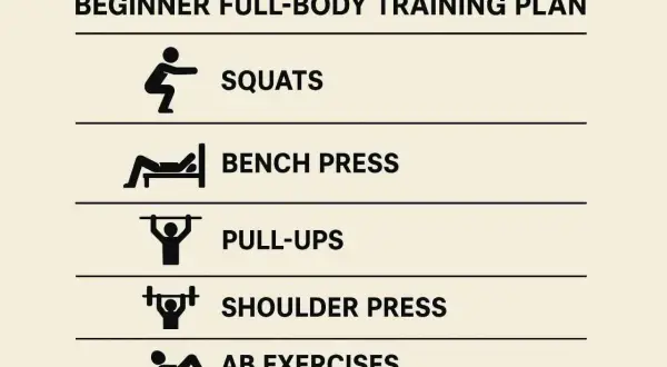 Ein Trainingsplan für das Fitnessstudio: Kniebeugen, Bankdrücken, Klimmzüge, Schulterdrücken und Bauchübungen.