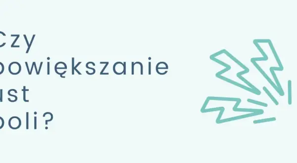 Niebieski tekst "Czy powiększanie ust boli?" obok grafiki błyskawic.