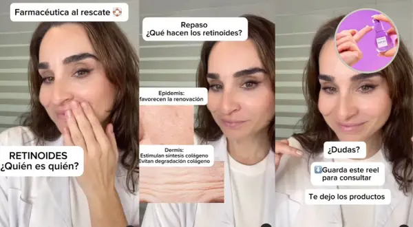 Farmacéutica explica beneficios de retinoides, incluyendo el acetato de retinilo, para la piel. Muestra cómo actúan en epidermis y dermis.