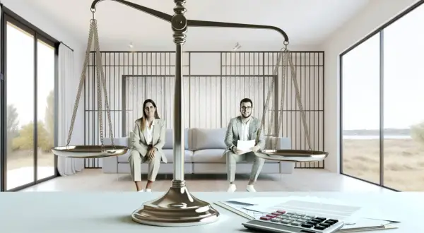 Balanza de justicia con dos personas sentadas a cada lado. Se puede pedir alquiler a un copropietario.