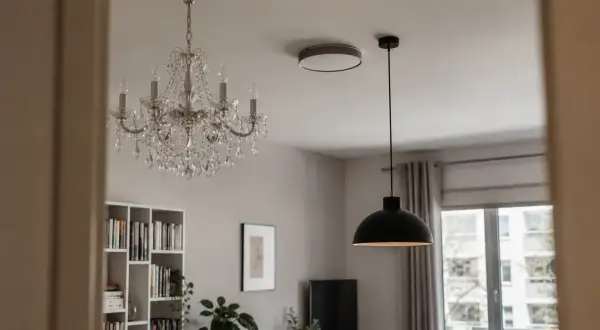 Elegancki żyrandol i nowoczesna lampa wisząca plafon tworzą kontrast w salonie.