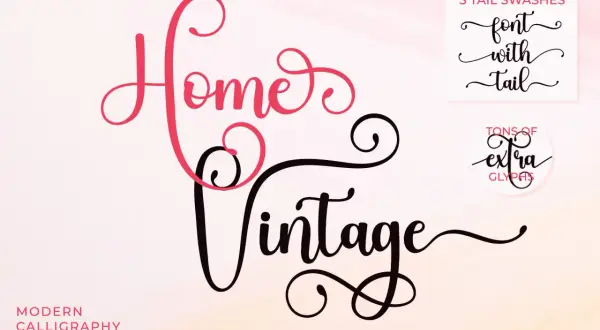 Elegant script font with decorative swashes, showcasing "Home Vintage" and "font with tail" examples.
