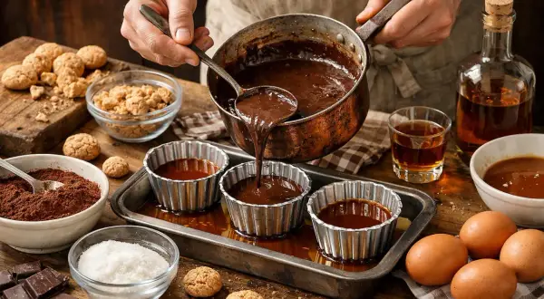 Preparazione del bonet piemontese: cioccolato fuso versato in stampini, biscotti, uova e zucchero.