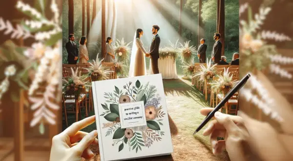 Un guide pour écrire un discours officiant mariage, avec un couple se tenant la main devant un autel en forêt.