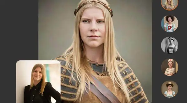 Une femme blonde en tenue médiévale, résultat de myheritage ai time machine, avec des portraits historiques sur la droite.