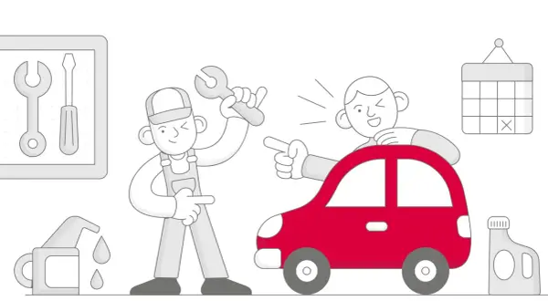 Meccanico e cliente discutono cosa comprende il tagliando auto. Olio, chiavi e calendario indicano la manutenzione.