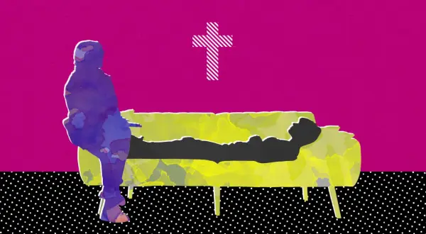 Terapia gestalt i kościół: sylwetka osoby na kanapie, terapeuta obok, krzyż w tle.