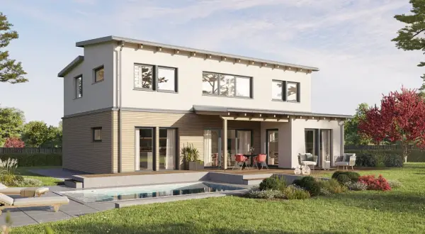 Modernes Haus mit versetztem Pultdach, Pool und Gartenmöbeln. Einladende Terrasse mit Esstisch und Sitzgelegenheiten.