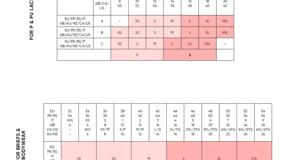 Tabela rozmiarów bielizny: biustonoszy i odzieży.