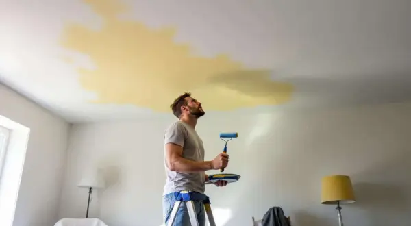 Un homme sur une échelle regarde une tache de peinture qui jaunit au plafond, prêt à la recouvrir.