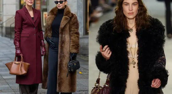 Dwie kobiety w eleganckich płaszczach, jedna w bordowym, druga w futrzanym. Na wybiegu modelka w czarnym, puszystym okryciu. Czy błyszczące kurtki są modne? Te stylizacje sugerują, że tak!