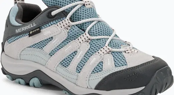 Niebiesko-szare buty trekkingowe Merrell Alverstone GTX z membraną Gore-Tex, idealne na górskie wędrówki.