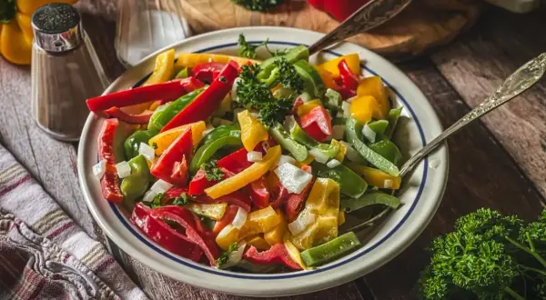 Bunter Paprika Salat mit Zwiebeln und Petersilie, serviert in einer Schüssel mit zwei Löffeln.