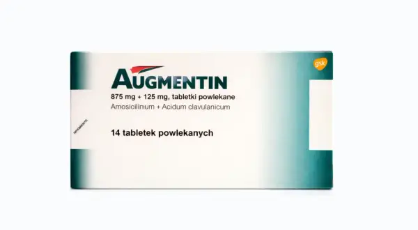 Opakowanie leku Augmentin 875 mg + 125 mg, zawierające 14 tabletek powlekanych.