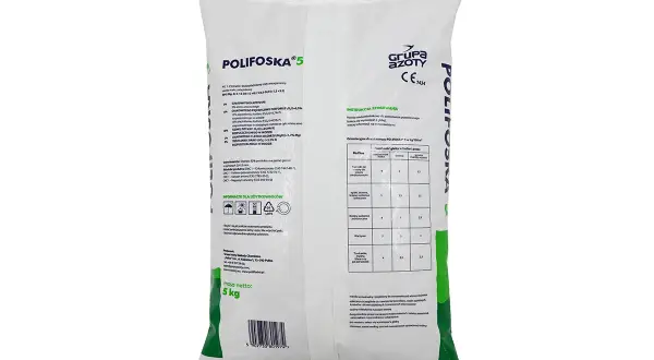 Opakowanie nawozu Polifoska 5 o masie 5 kg z instrukcją stosowania.