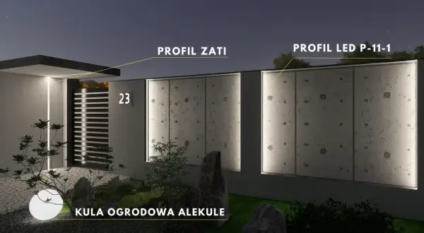 Nowoczesne oświetlenie ogrodzenia z profilami LED i kulą ogrodową tworzy nastrojową atmosferę.