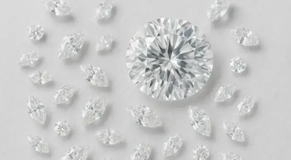 Wokół dużego, okrągłego diamentu rozsypane są mniejsze, w kształcie łzy. Takie piękno to efekt długiego procesu, który pokazuje, jak powstaje diament.