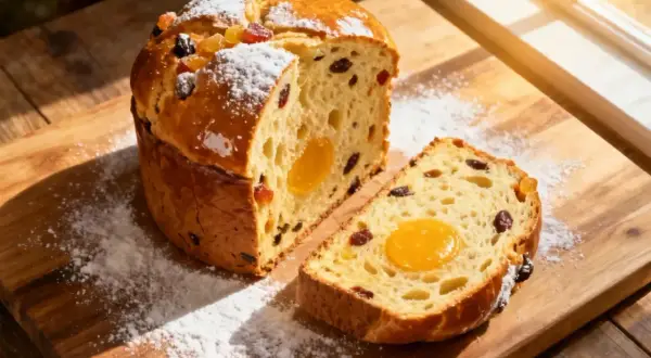 Un panettone italien artisanal, sa recette parfaite. Un délice aux fruits confits et à la crème, saupoudré de sucre glace.