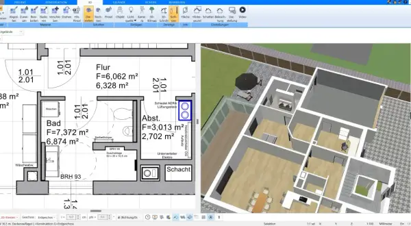 Grundriss Architektur: Ein 2D-Grundriss und eine 3D-Ansicht eines Hauses werden nebeneinander angezeigt.