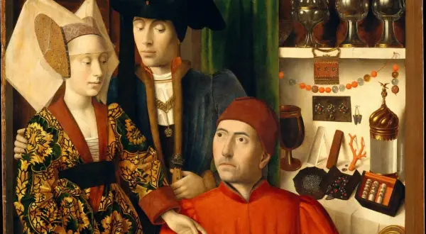 A family portrait in the style of northern Renaissance art, showcasing rich fabrics, intricate jewelry, and a detailed domestic setting.