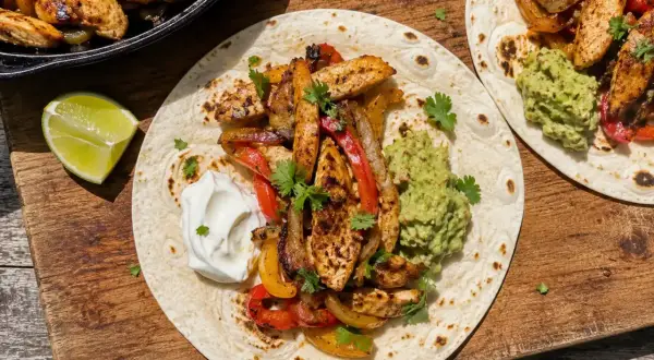 Färdiglagade fajitas med kyckling, paprika och lök på tortillabröd, serverade med guacamole och gräddfil. Ett perfekt fajitas recept för en härlig middag.