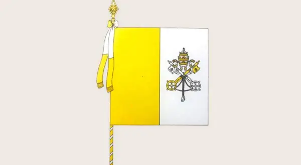 Flaga Watykanu z kluczami św. Piotra i tiarą papieską. Wskazuje kolejność wieszania flag kościelnych.