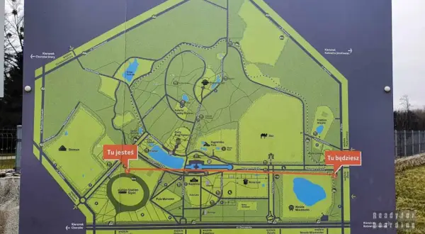 Mapa Parku Śląskiego z zaznaczonymi atrakcjami dla dzieci: zoo, planetarium, wesołe miasteczko. Wskazuje Twoją aktualną lokalizację i drogę do celu.